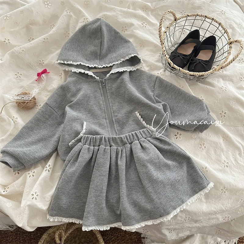 

Spring and Autumn New Products Children's Hooded Sweater Lace Set Girls' Foreign Waffle Jacket Skirt Two Pieces