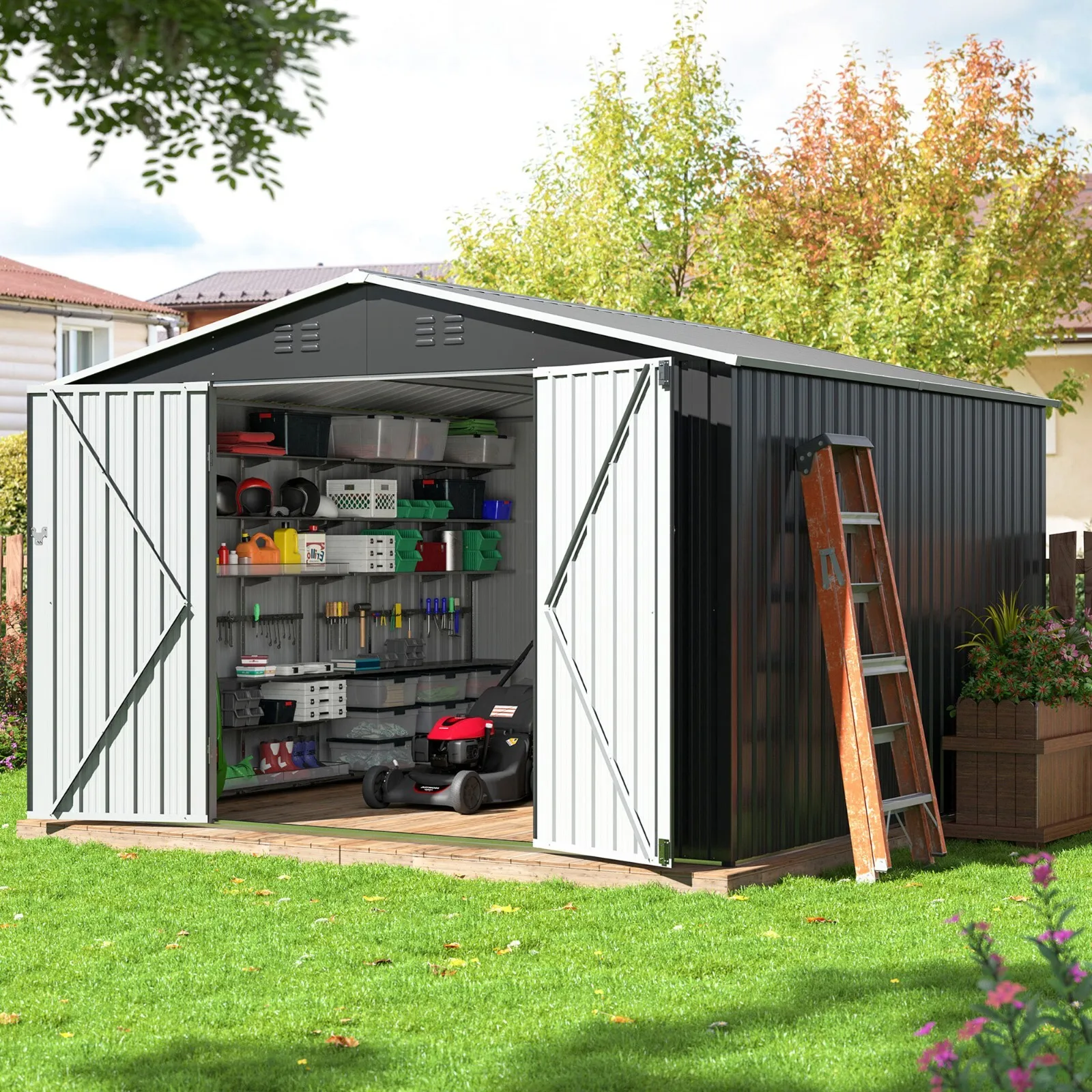Outdoor Metal Storage Shed with Sturdy Frame & Lockable Door, Gray