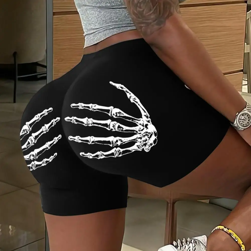 Women Elastic Shorts High Waist Skeleton Hands Print Yoga Shorts for Women Slim Fit Activewear with Butt-grabbing for Jogging