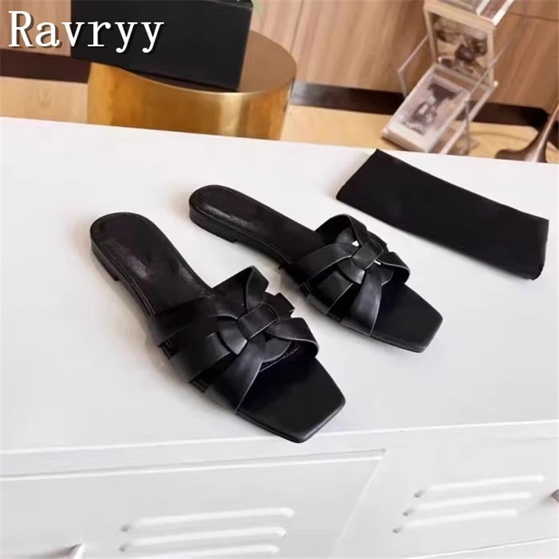 Women Open Toe Candy Color Summer Slippers Genuine Leather Buckle Knot Flat Bottom Mules Casual Outside Beach Slippers