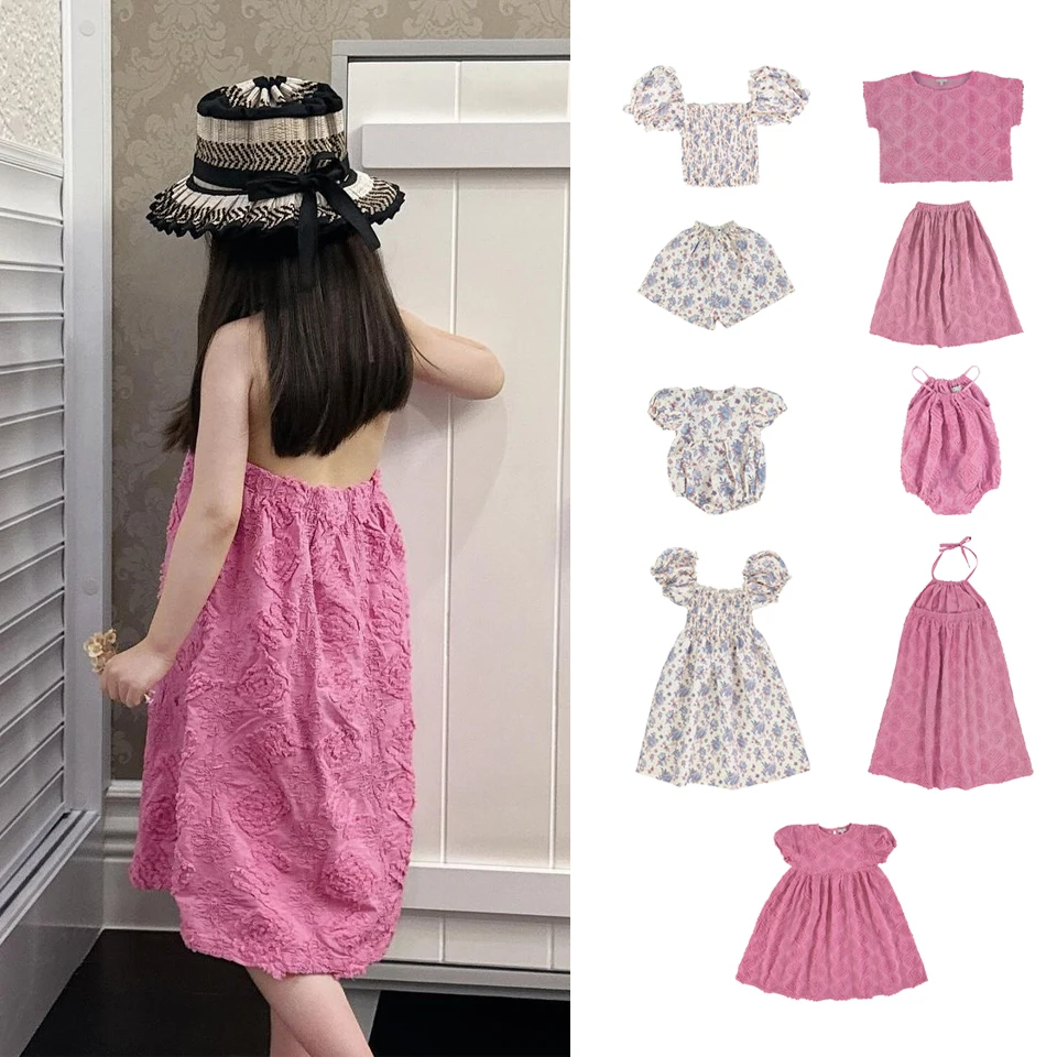 New 2024 Bebe Summer Dress Girls Pink Dress Baby Fashion Clothes Short Sets Children Girl Cotton Birthday Wear Kids Party Dress