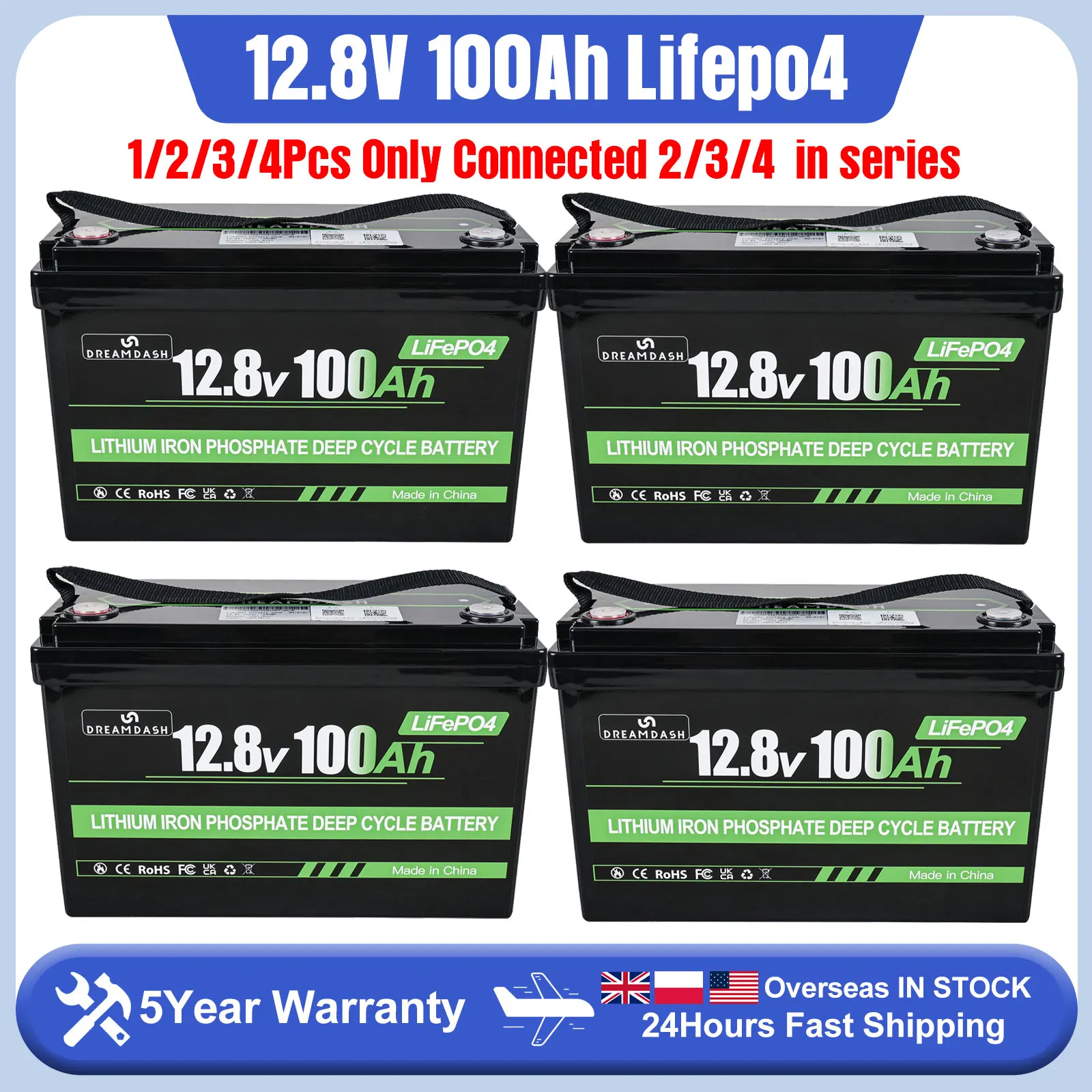 

12.8V/25.6V/38.4V/51.2V 100Ah LiFePO4 Battery 4500+ Cycles Bluetooth BMS 4S Support (12.8V-51.2V) For Solar/RV/Boat/Off-Grid