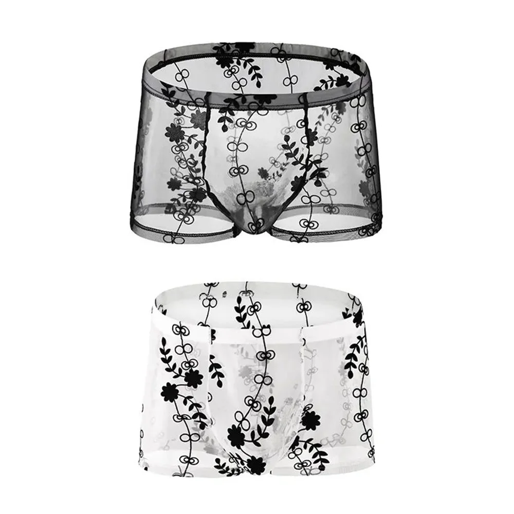 Mens Underwear See-Through Mesh Flower Fun Boxer Briefs Transparent Sexy Short Stretch Soft Gay Boys Lgbt Pride Love Fun Clothes