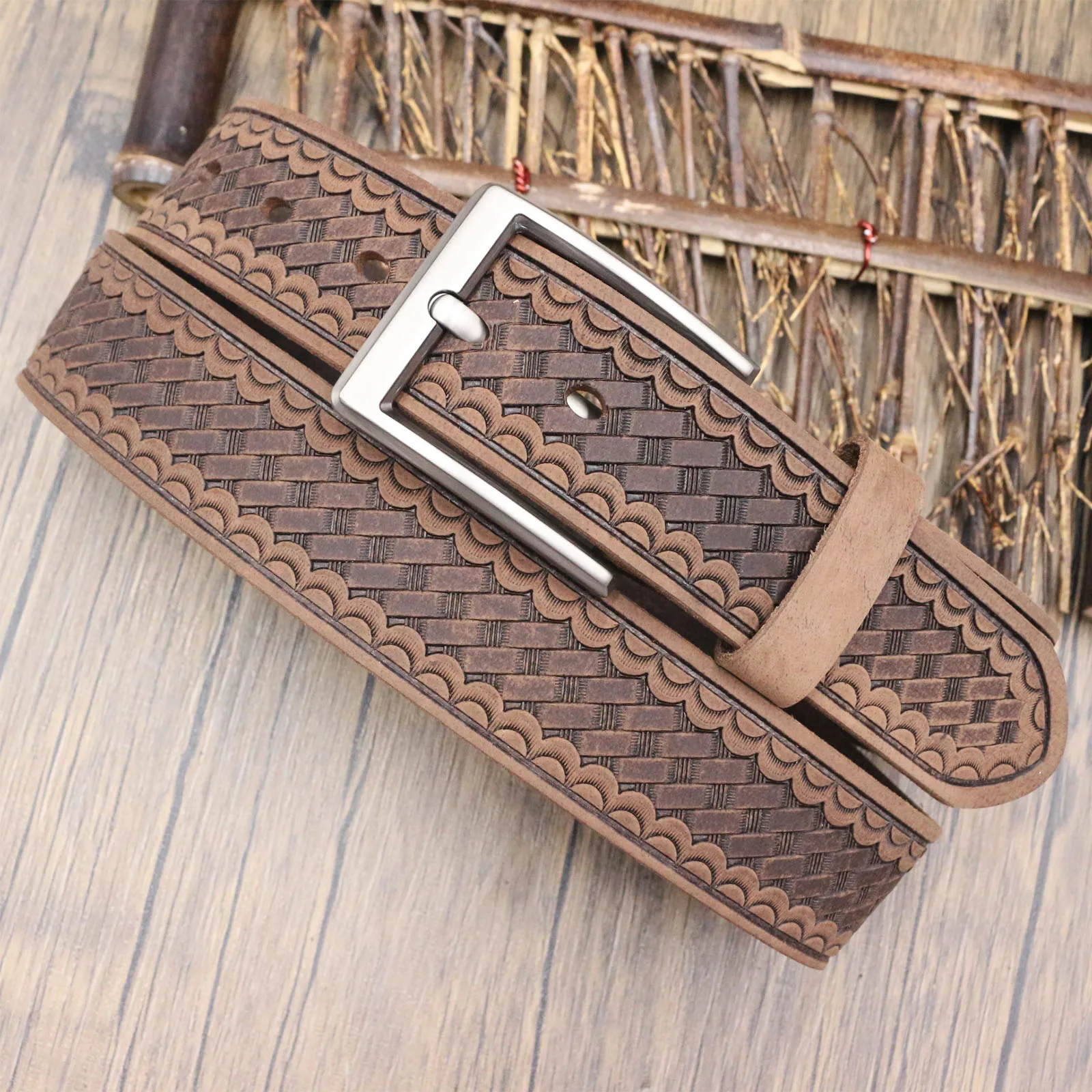 Casual Vintage Men Leather Belt, Full Grain Cowhide Basket Weave Embossed Strap, Removable Square Pin Buckle Jeans Leather Belt
