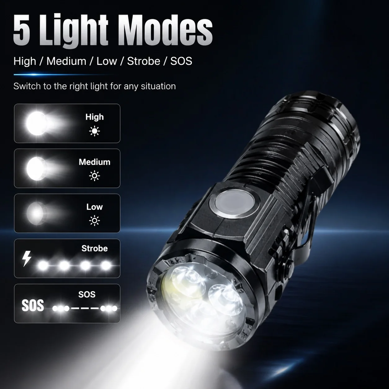 Portable Mini Flashlight with Three High-Brightness Led Bulbs, USB Type-C Direct Charging, Includes Charging Data Cable, Non-Slip Grip, Pocket Clip Design, Multi-Level Dimming, Multifunctional Led Lighting Tool for Home, Outdoor, and Car Emergency Use, Compact Size, Portable, with Back Clip, Rechargeable, for Daily Emergency Lighting