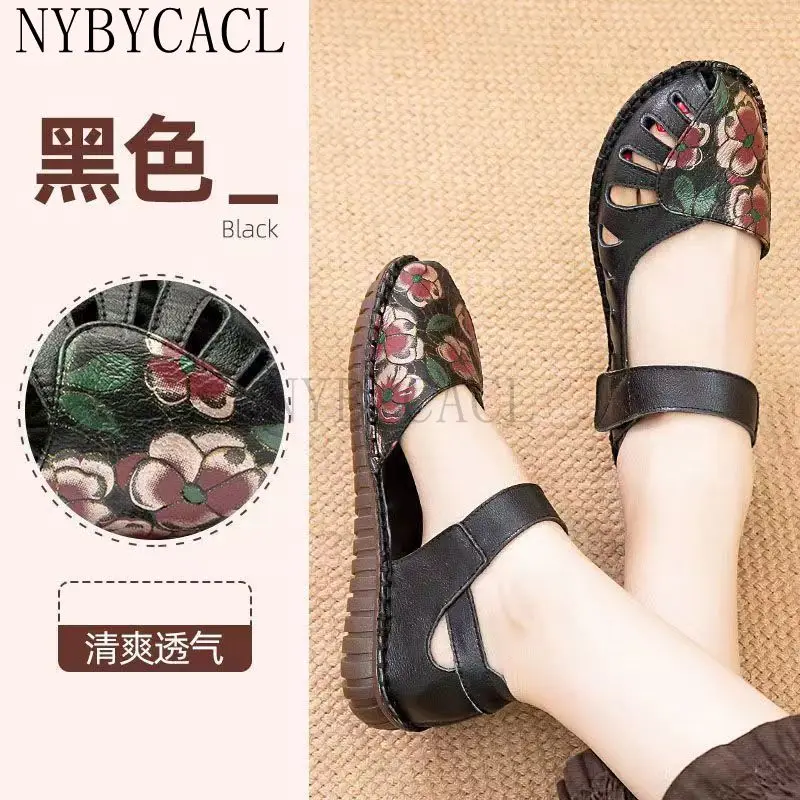 New Women Bohemian Vintage Style Flat Heels Sandals Summer Slingback Round Close Toe Shoes Woman Printed Genuine Leather 2022