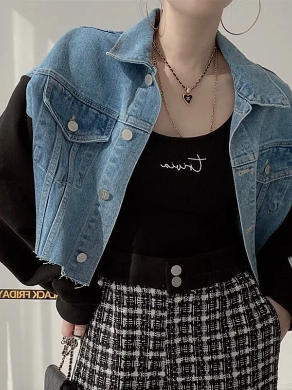 

Slimming Effect Short Denim Jacket Women's Loose Fit Turn-down Collar Color Block Frayed Hem Single Button Versatile Outerwear