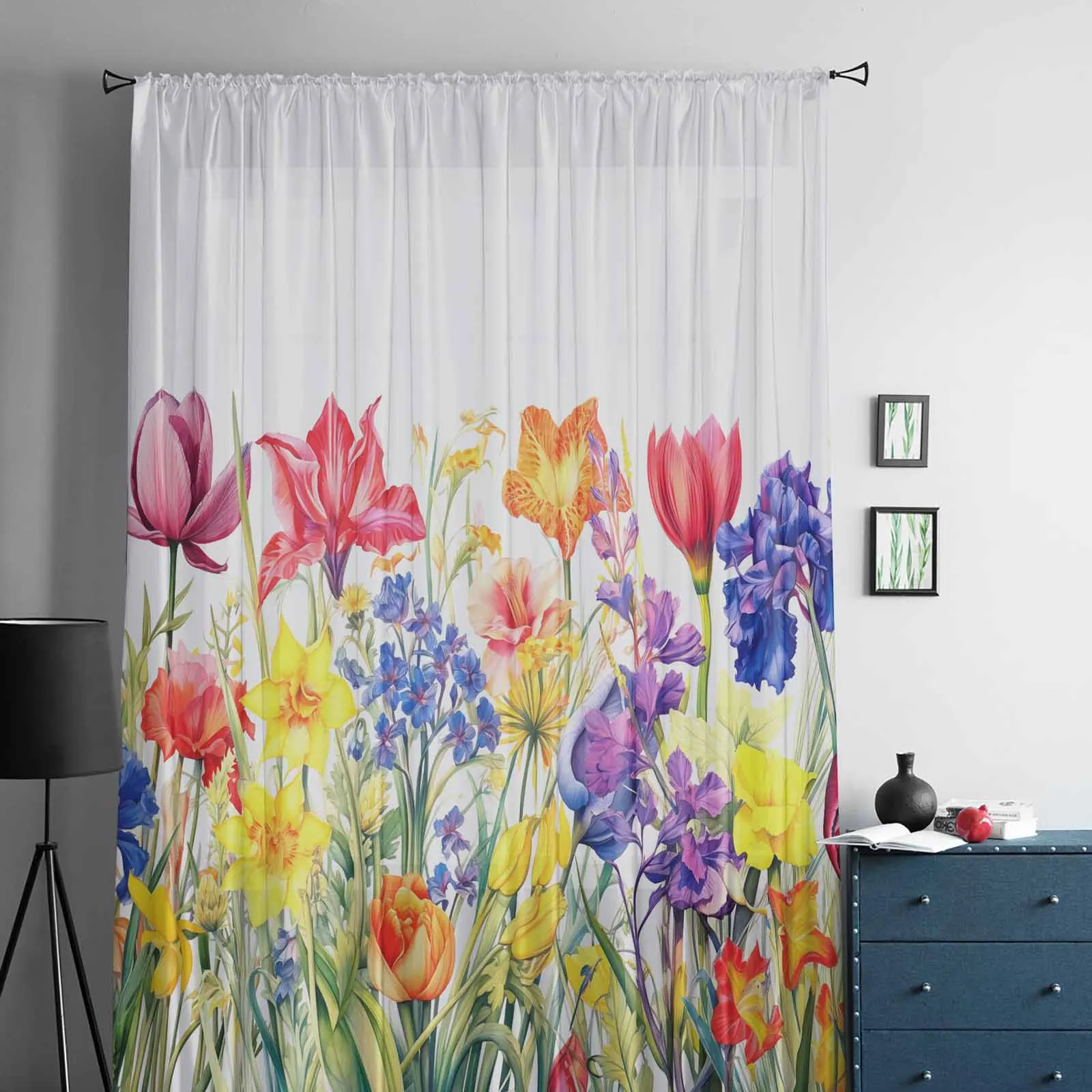 Flower Watercolor Spring Butterfly Tulip Lavender Tulle Sheer Window Curtains for Living Room Bedroom Voile Hanging Curtain