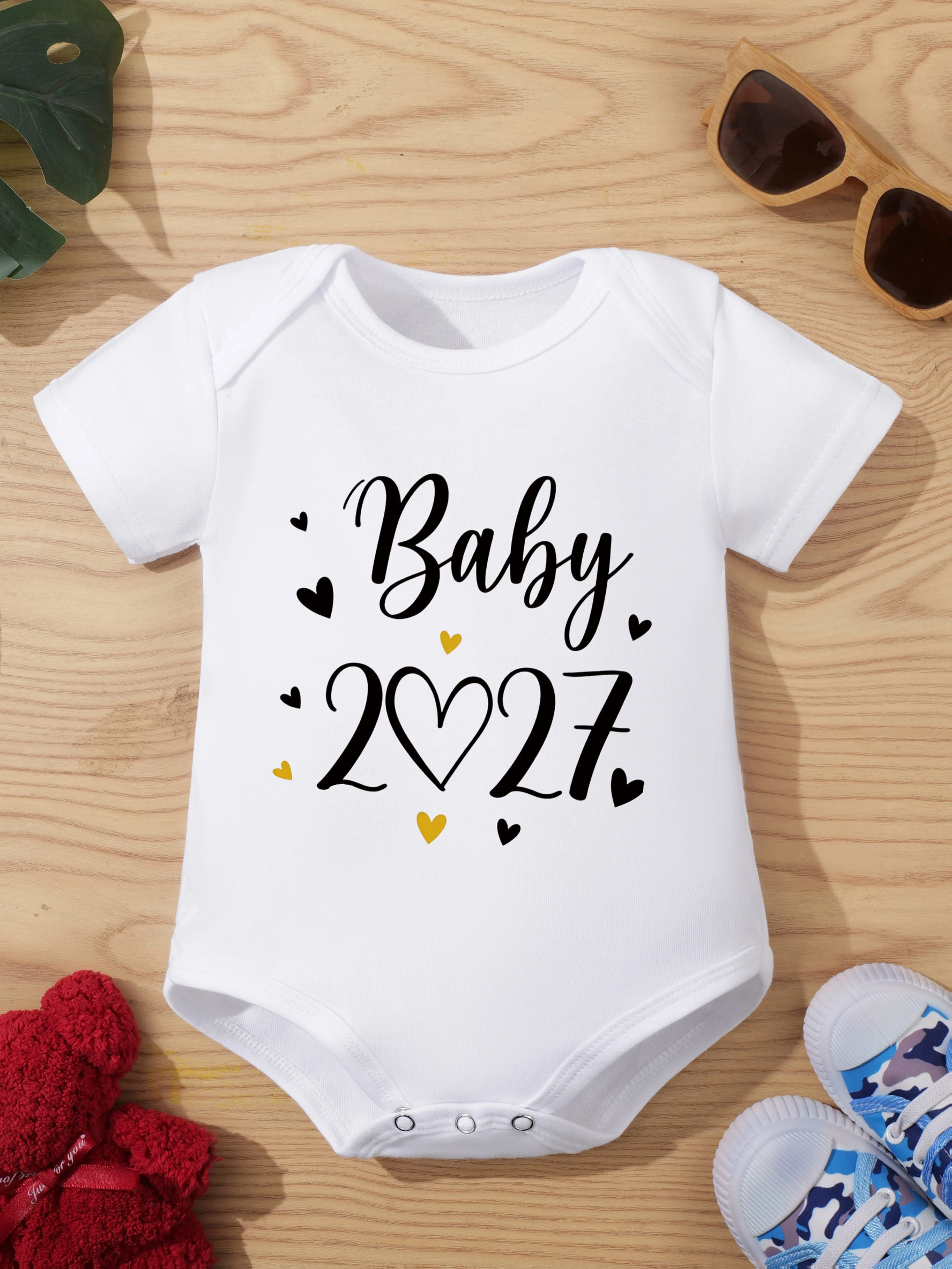 Newborn Romper Onesie 2027 Letter Print Pattern 100% Cotton Material Pregnancy Announcement Onesie Perfect for Outdoor