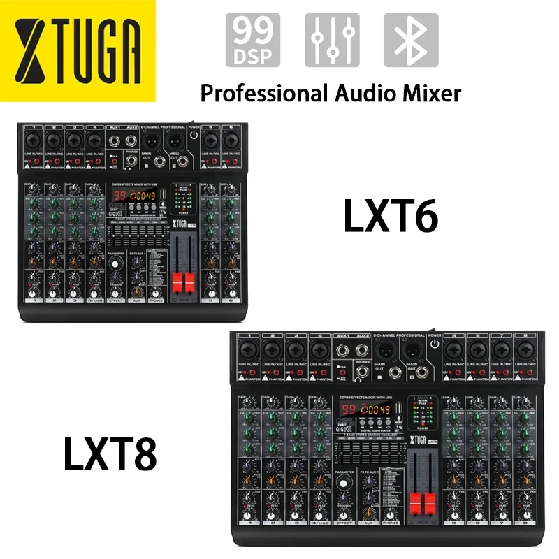 XTUGA Professional Sound Audio Mixer 6/8Channel 48V Phantom Power 2 AUX Mixing Console 99 Digital Effect USB Recording Bluetooth