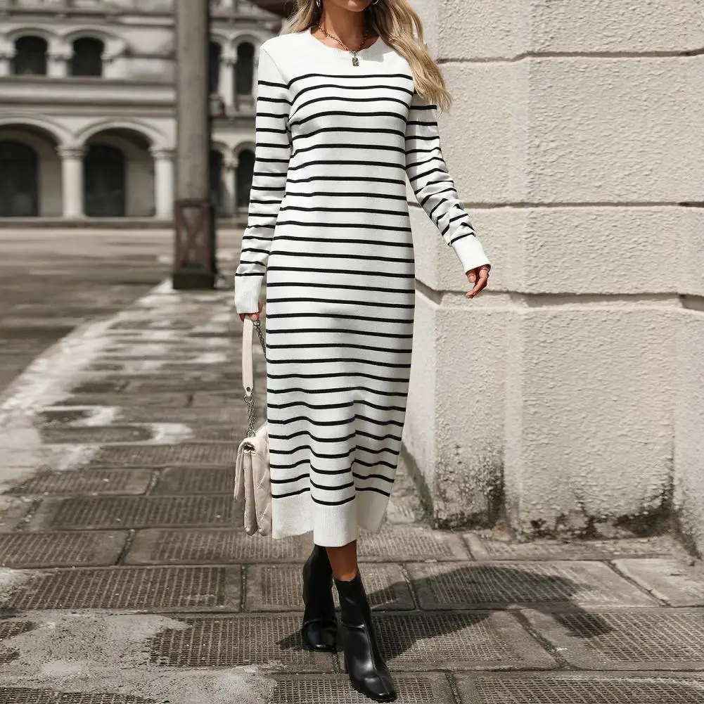 Slim-Fit Jurk Elegante Midi-Jurk Met Gestreepte Print Voor Dames, Nauwsluitende Jurk Met Lange Mouwen Voor Woon-Werkverkeer In De Herfst In De Lente Of Dating