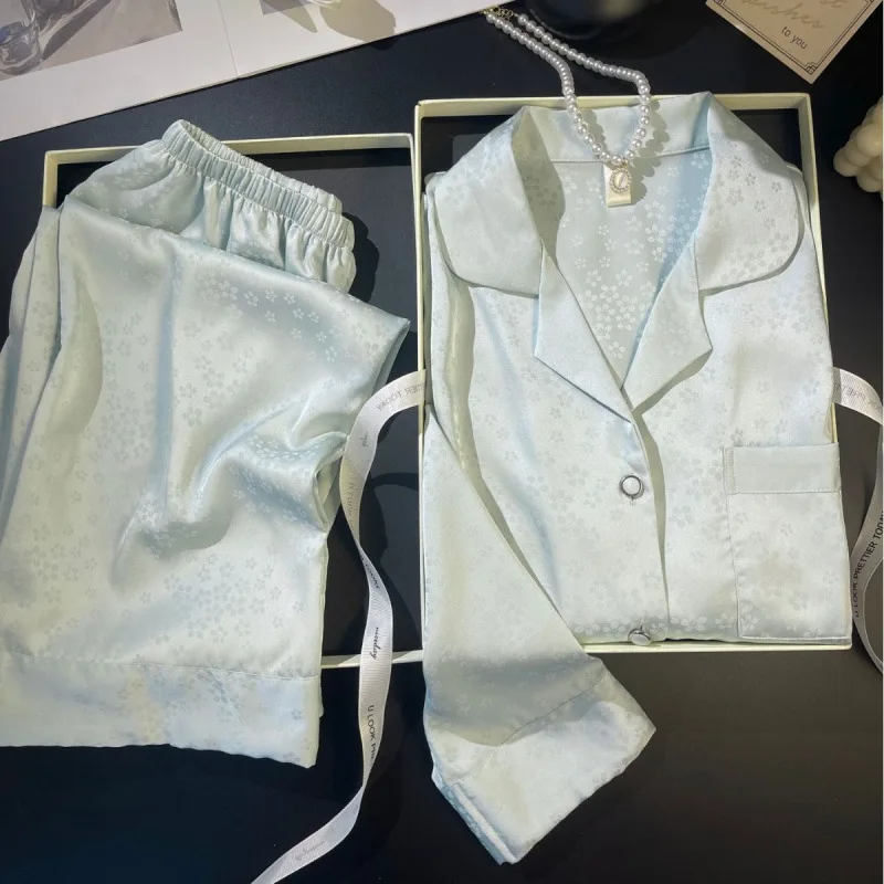 

Женский жаккардовый комплект пижам из 2 предметов: новая весенняя шелковая атласная домашняя одежда, пижама с длинным рукавом и брюками, свободный домашний костюм, нижнее белье