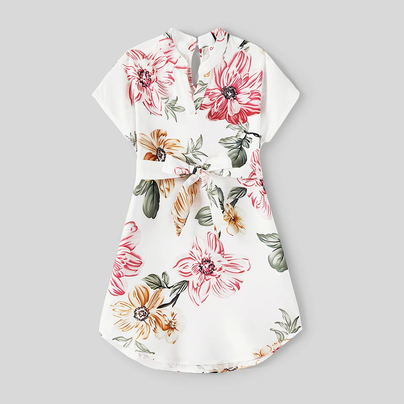 PatPat Family Matching Outfits Allover Floral Print Notched Neck Belted Dresses and Short-sleeve Colorblock T-shirts Sets