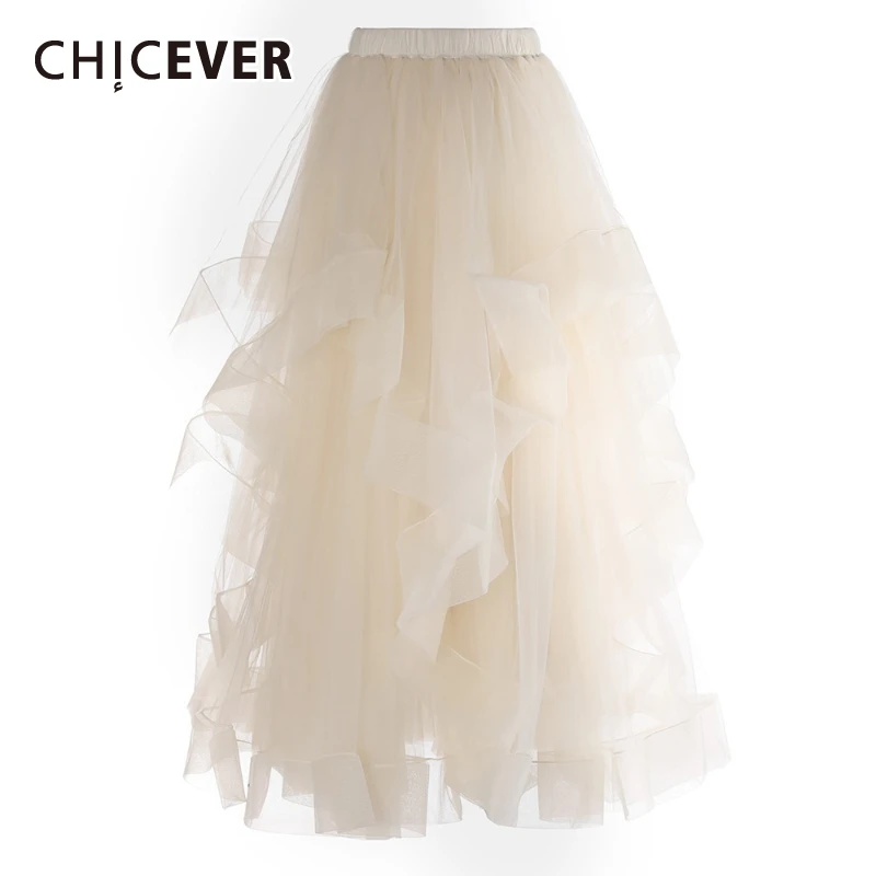 CHICEVER Solid Spliced Ruffles Sweet Skirt Female High Waist Loose Japanese Style Basics Women's Puff Skirts Autumn Fashion New