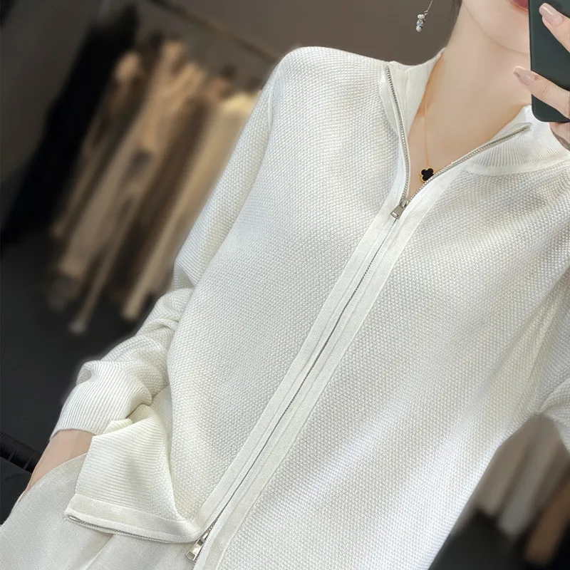 Simple Solid Color Double Zipper Design Cardigan 24 Spring and Autumn New Double-Strand Worsted Wool Temperamental Minority Coat