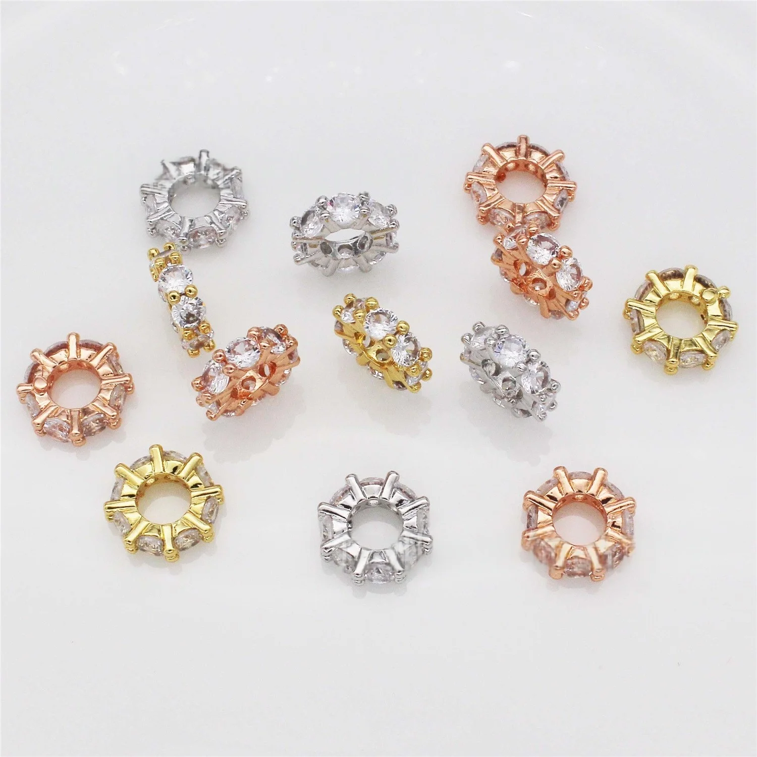 

5 Pc 18K Copper Plated Zircon Set Accessories Single Layer Zircon Ring Spacer Big Hole Wheel Beads Beads DIY Pearl Crystal Beads