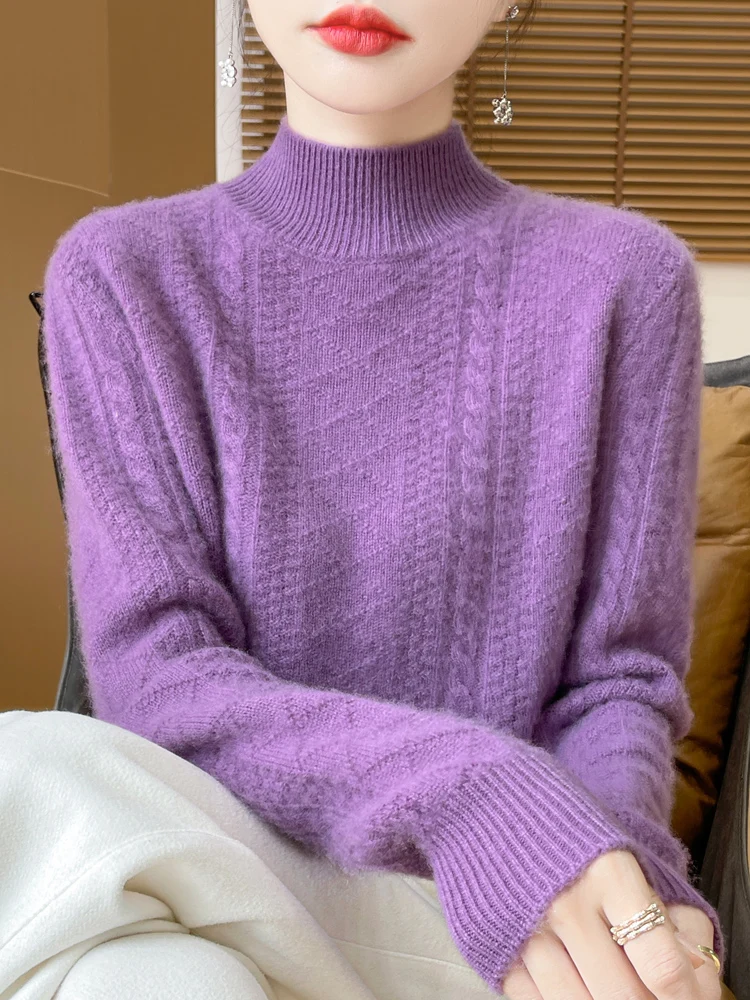 Women's Pullovers 100% Merino Wool Knitwear Contrast Color Semi-High Neck New Arrivals  Twist Flower Slim Fit Bottoming Sweater