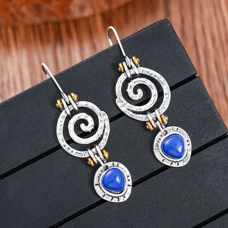 

Vintage Hollow Spiral Blue Stone Drop Earrings for Women Tribal Jewelry Metal Antique Silver Color Whirl Ethnic Earring Gifts