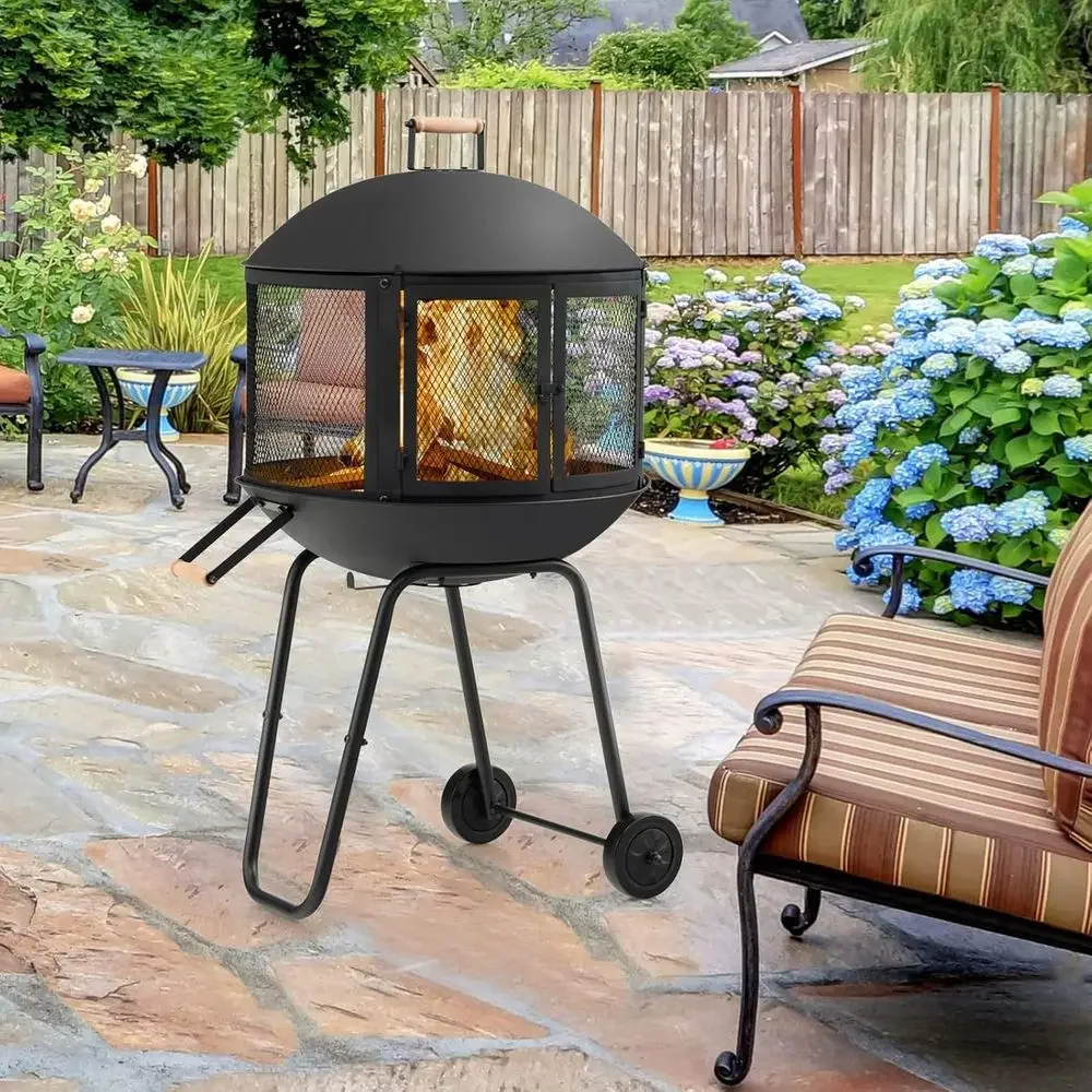 28 Inch Portable Wood-Burning Fire Pit with Wheels, Log Grate, Poker for Outdoor Entertainment in Black