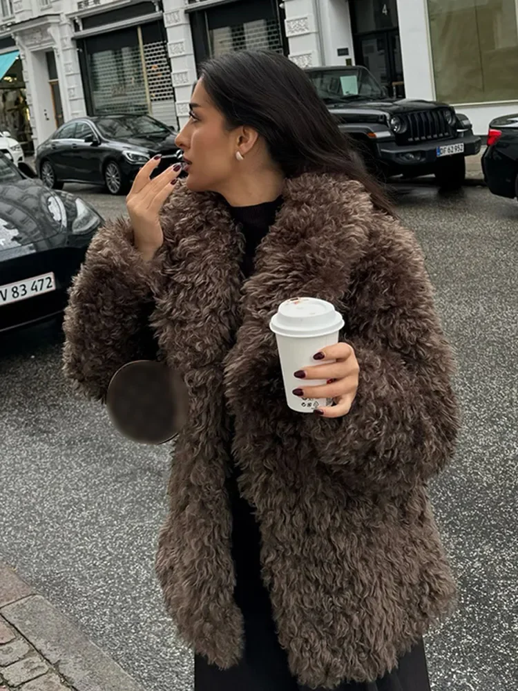 Elegant Brown Lapel Fluffy Faux Fur Coats Women Fashion Warm Long Sleeve Jackets 2024 Autumn Winter Female High Street Outerwear