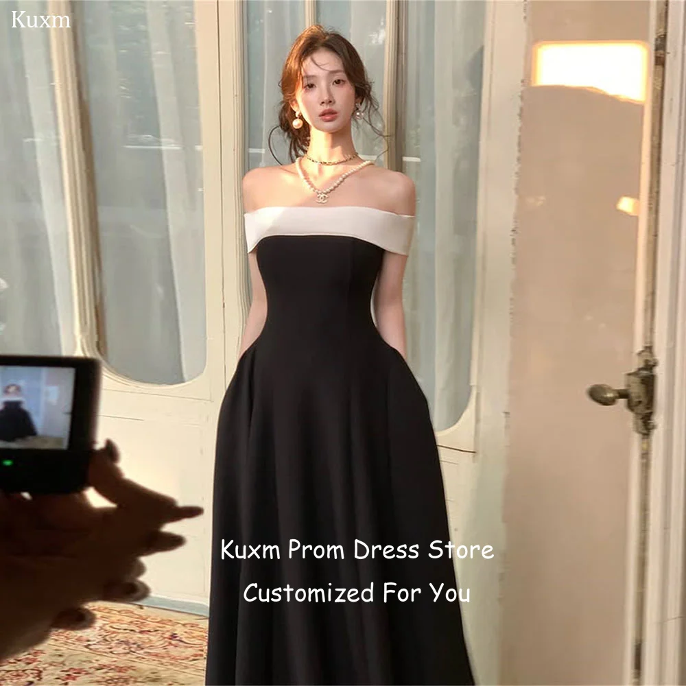 Kuxm Satin Korean Elegant A Line Evening Dresses Strapless Formal Prom Gowns Off The Shoulder Floor Length Dress Customized