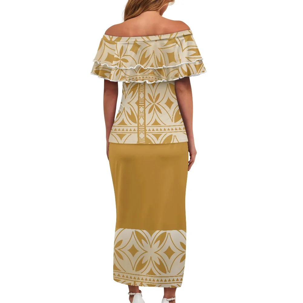 Robe à volants à épaules dénudées pour femmes, ensemble deux pièces, vêtements tribaux, imprimé tropical, été, samoa