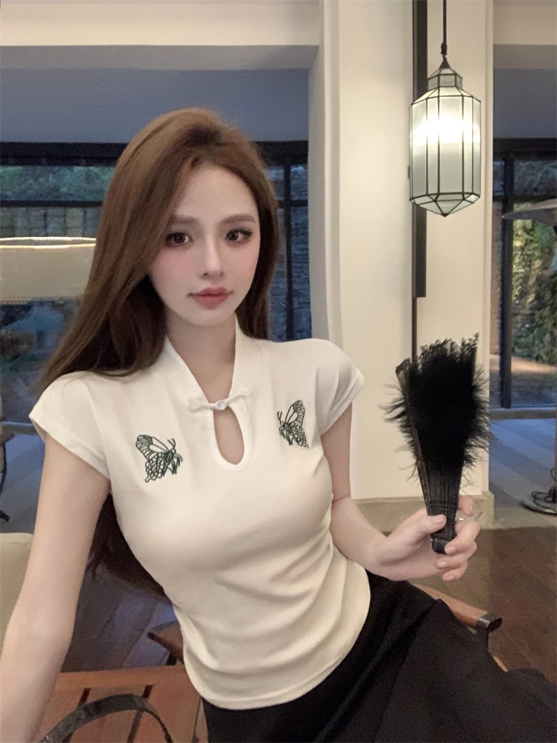 

Elegant Embroidery Short Sleeve T-Shirt Women's Slim Fit Retro Chinese Style Summer Improved Stand Collar...