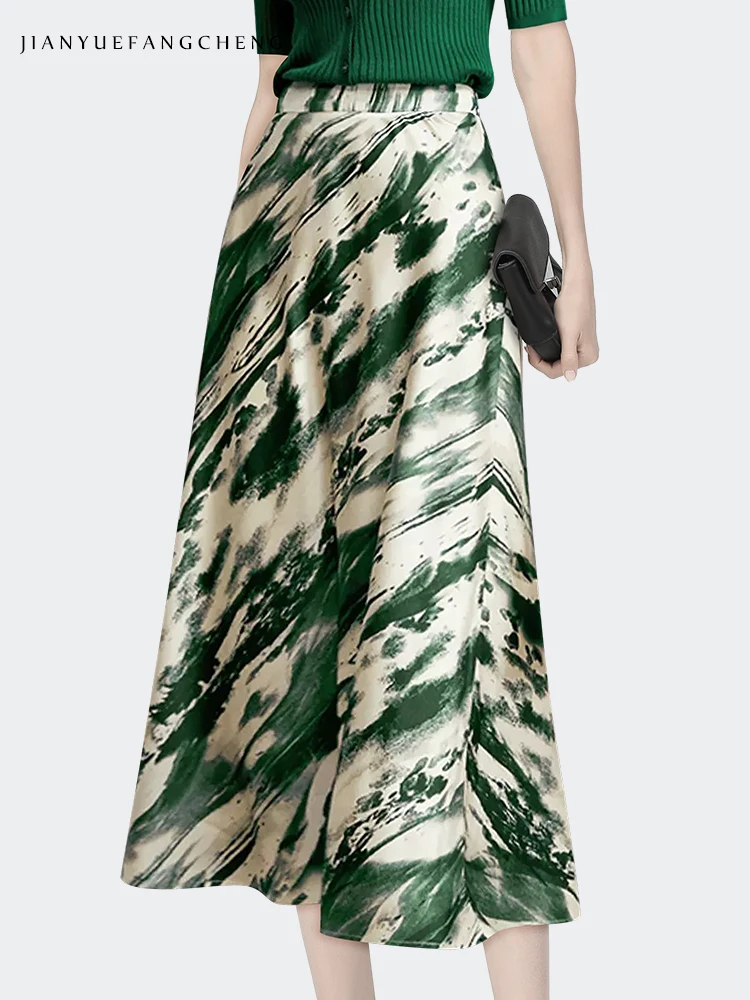 Fashion Womens Summer Trendy Green Printed Long Skirt Elastic Waist Over-knee Straight Skirts Loose-fitting Casual Female Bottom