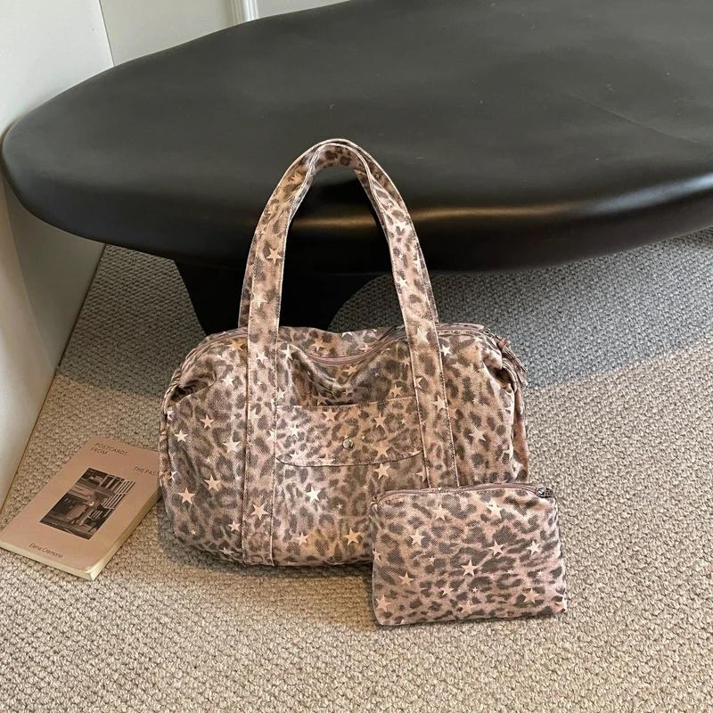 Trendy Leopard Print Tote Bag with Pouch Women Handbag Big Shopping Shoulder Bag Beach Party Weekend Camping Casual Fashion