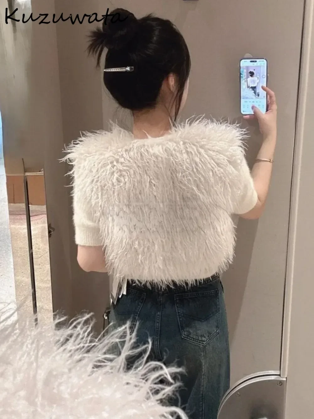 Kuzuwata Vintage French Style Fur Fluffy Vest Lace Up Elegant Minority Feminine Office Lady Jacket Japan Sweet Moda Fresh Coat