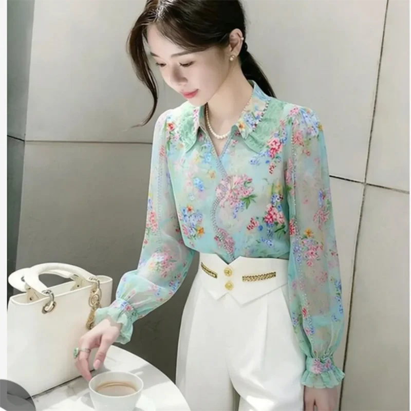 

Green Floral Print Chiffon Shirt for Women Elegant Luxury Summer Top Stylish Beautiful Lightweight High-End Feel