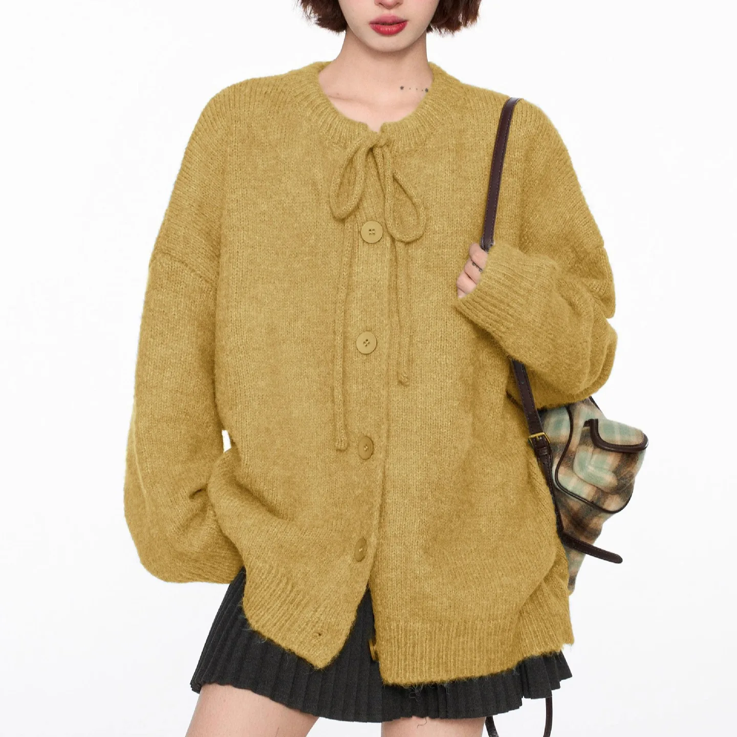 Vintage Lace-Upเสื้อกันหนาวผู้หญิงฤดูใบไม้ร่วงและฤดูหนาวหลวมสไตล์ขี้เกียจ 2025 ใหม่ถักเสื้อสเวตเตอร์ถักสําหรับผู้หญิง