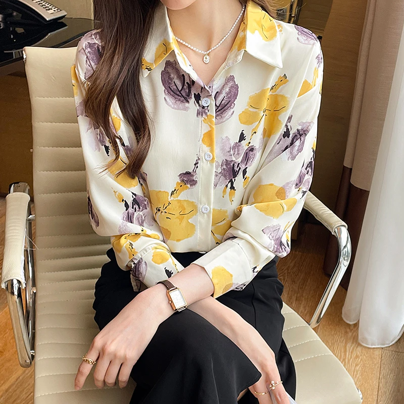 Women Spring Korean Loose Fashion Printing Chiffon Polo-Neck Long Sleeve Shirts Women Clothes Casual Office Lady All-match Tops