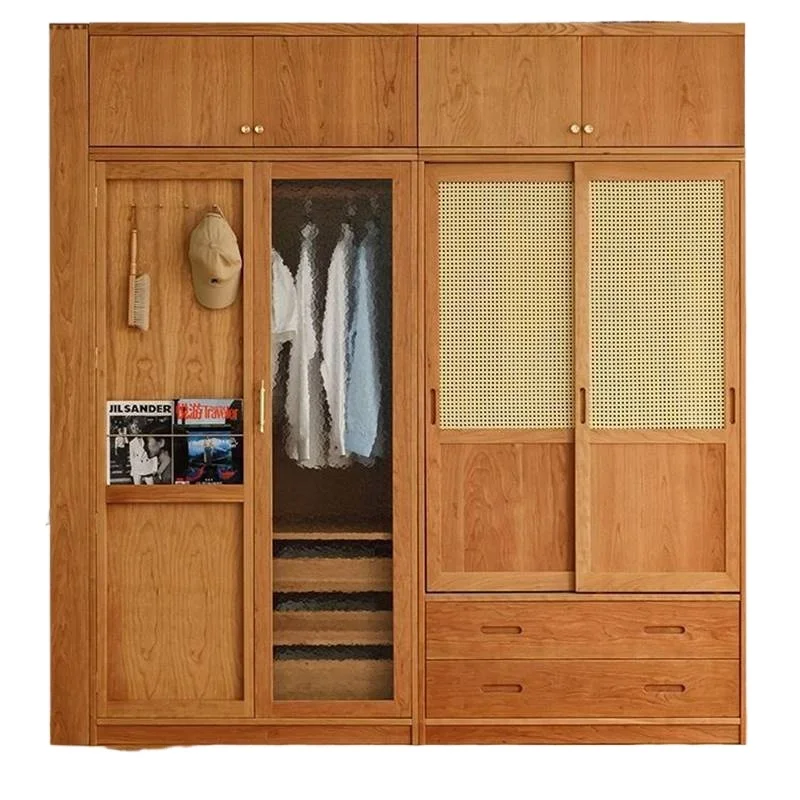 

Japanese-style all-solid wood combination wardrobe, simple cherry wood home rattan sliding door wardrobe