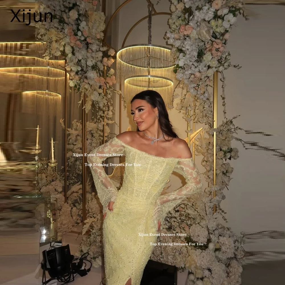 Xijun Baby Yellow Lace Evening Dresses Off The Shoulder Luxury Saudi Arabric Prom Dresses Mermaid Ankle Length Prom Gowns Custom