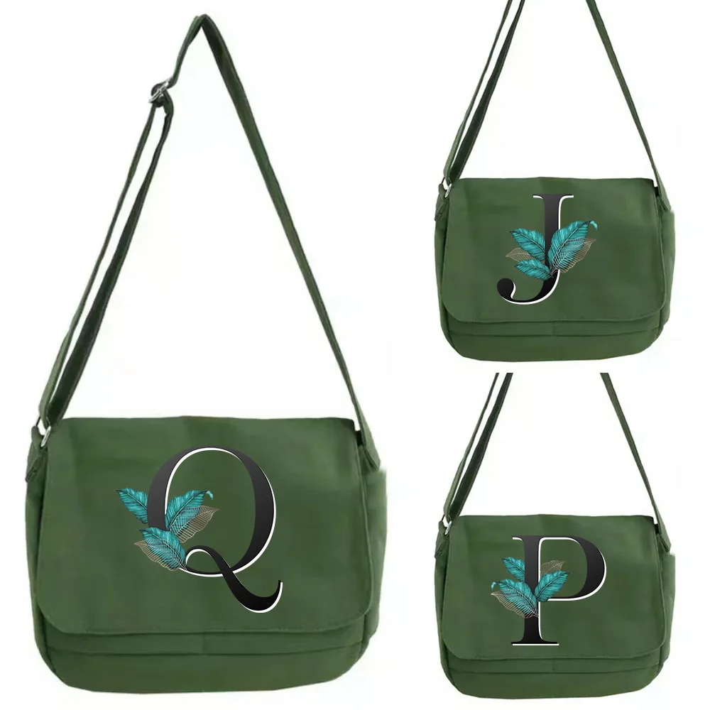 Large Capacity Shoulder Bags Green Canvas Leisure Travel Messenger Bag Women Crossbody Package leaf Initial Name Series