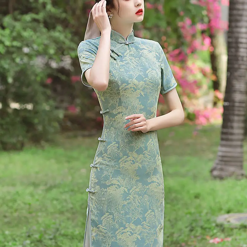 Cheongsam 2022 New Women\'s Summer Retro Green Elegant Daily Improved Young Wedding Dress High-end Chinese Style Dress