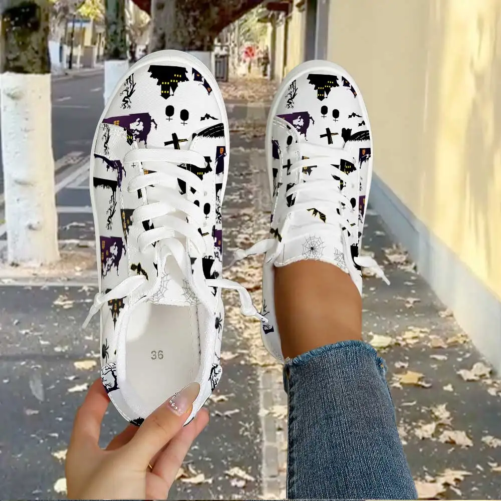 Spooky Halloween Elements Women Casual Sneakers, Low‑Top Canvas Shoes, Lace‑Up for Halloween Festival Party and Daily Wear