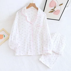 2024 Japanese Spring/Summer New Women's Pajama Set 100% Cotton Crepe Ladies Long sleeved Pants Cute Home Suit Two Piece Set