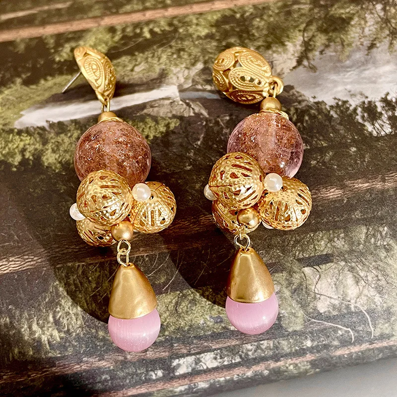 Europe and America Vintage Earrings Pink Crystal Opal Drop Dangle Earrings for Women Wedding Daily Jewelry Pendant Gift