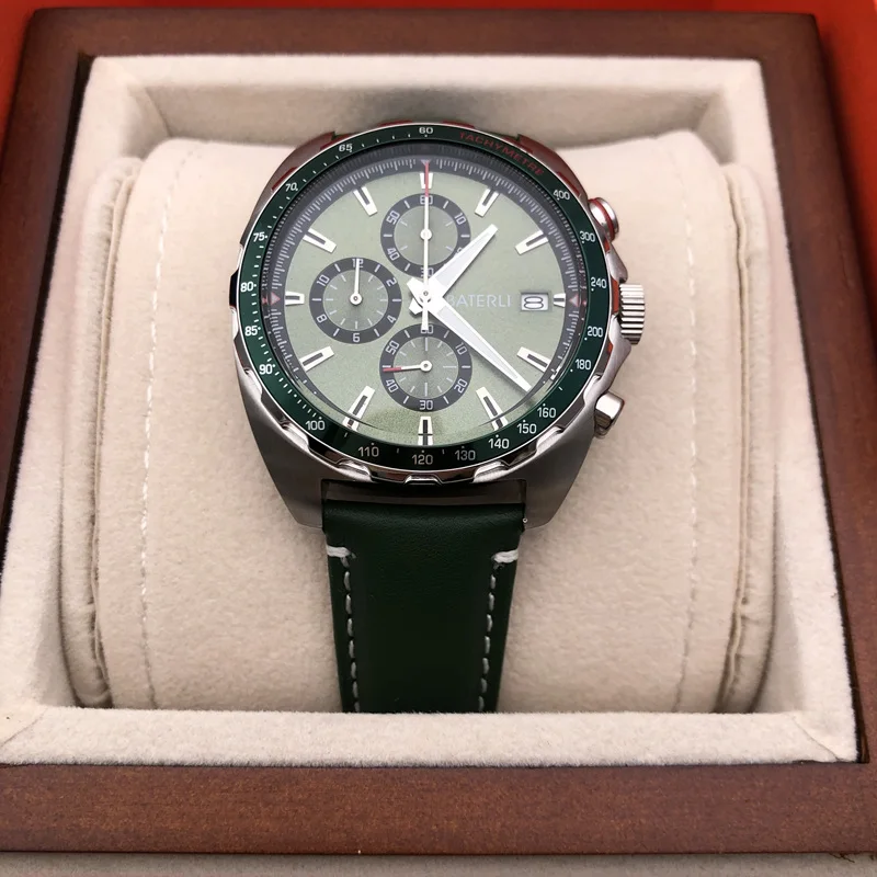 Famous Brand VK63 Quartz Chronograph Movement Green Leather Strap Men Watch Stainless Steel Silver Case Sports Fashion Clock