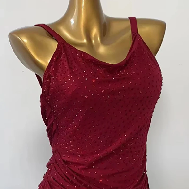 

Latin Dance Competition Women's High-end Custom Pleated Tassel Skirt Sling Strap Cha Samba Performance Rhinestone Costume dress