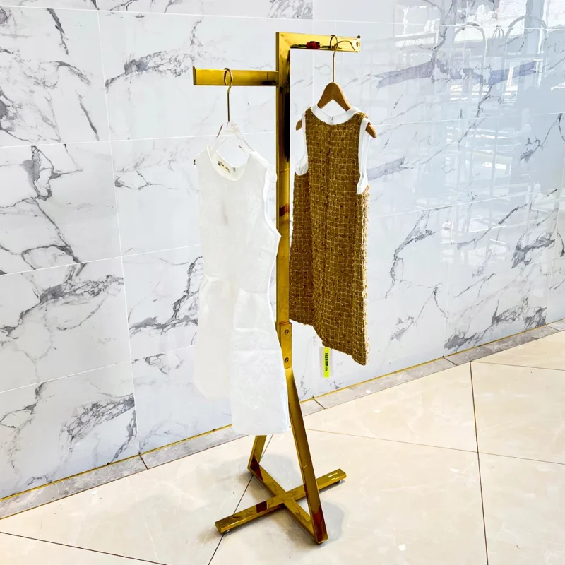 custom.Boutique Woman Store Shiny Gold Portable Clothing Display Rack Stainless Steel Glossy Silver Retail Single Pole Garment R
