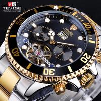2025 Tevise Men's Luxury Automatic Watch Tourbillon Movement Green Sunray Dial Gold Stainless Steel Case Business & Sport Design