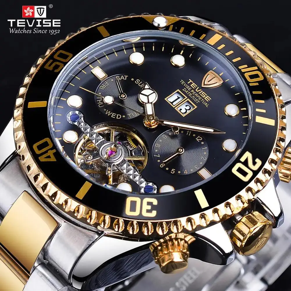 2025 Tevise Men's Luxury Automatic Watch Tourbillon Movement Green Sunray Dial Gold Stainless Steel Case Business & Sport Design