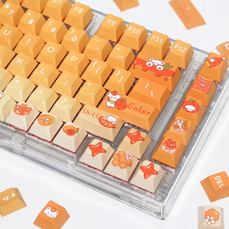 Orange Bear Theme Keycaps 132 Key Cherry Profile Pbt Heat Sublimation Cute Orange Gradient Infused Mechanical Keyboard Keycaps