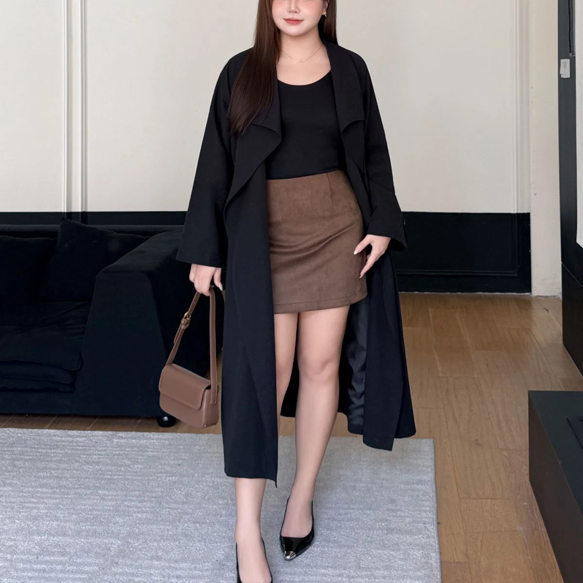 

Fashion Plus Size Women's Trench Coat Premium Modern Large Lapel Commuter Loose French Long Overcoat 9324