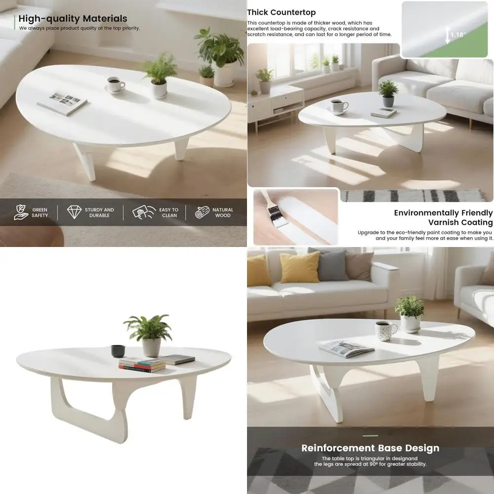 

Contemporary Triangle Wooden Coffee Table: Chic Oval Living Room Furniture, Outdoor Patio Side Table (White, 33x24x16)