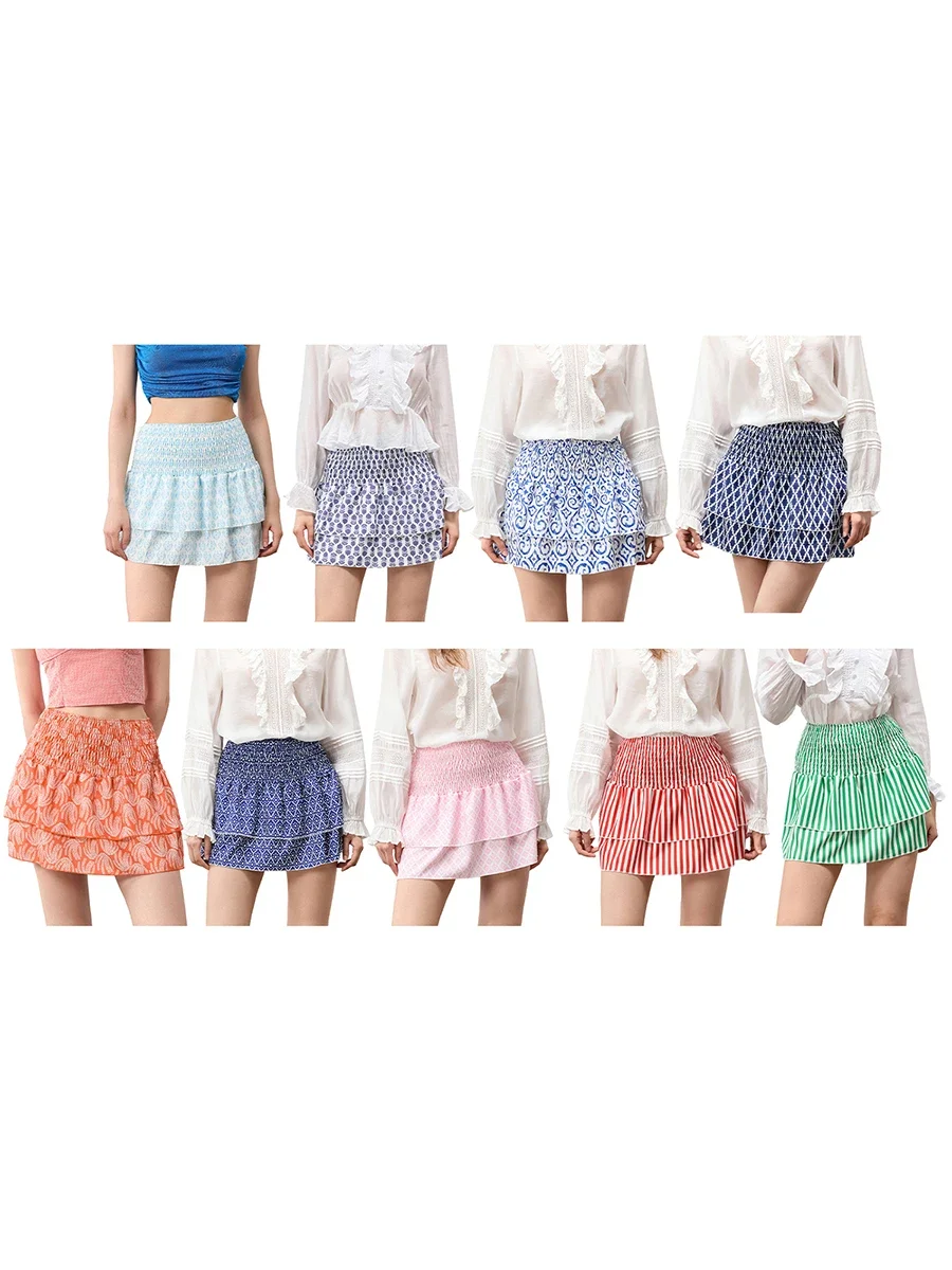 ผู้หญิงY2k Smocked MiniกระโปรงสบายๆเอวสูงA-Line Beachสีชมพูลายกระโปรงสั้นLayered Ruffleกางเกงขาสั้นกระโปรงStreetwear