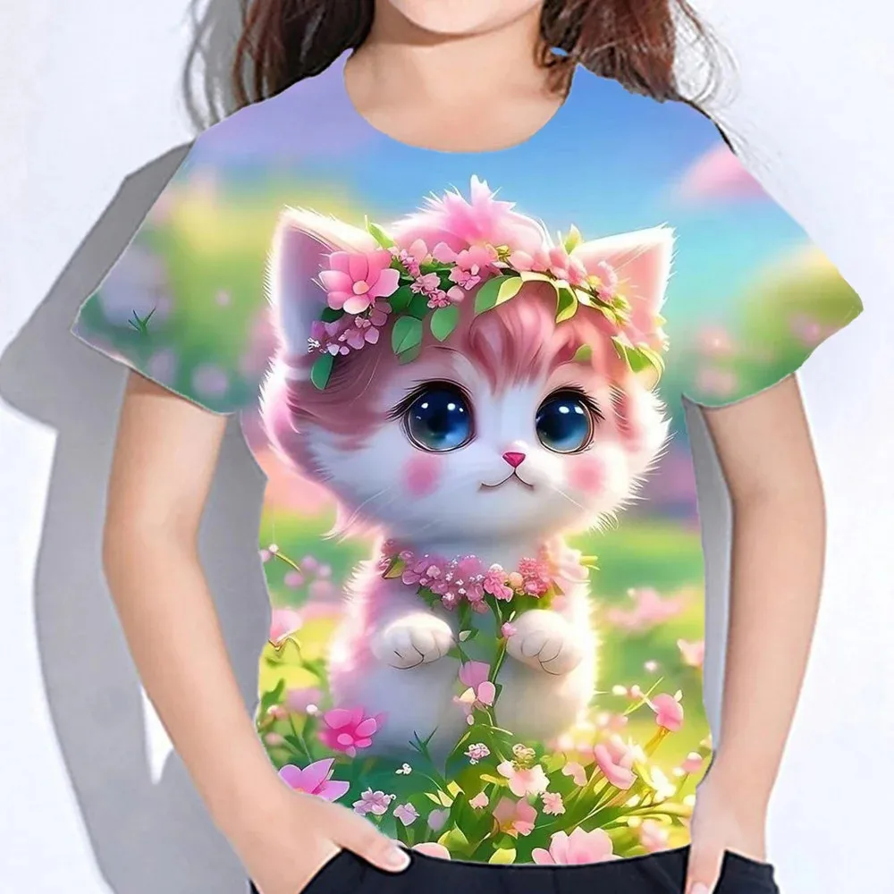 Kinderkleding 3d Print Kawaii Cat Pattern T Shirts Korte Mouw Tops 2024 Kids Kleding Meisjes Jongens Kleding 2 Tot 8 Jaar